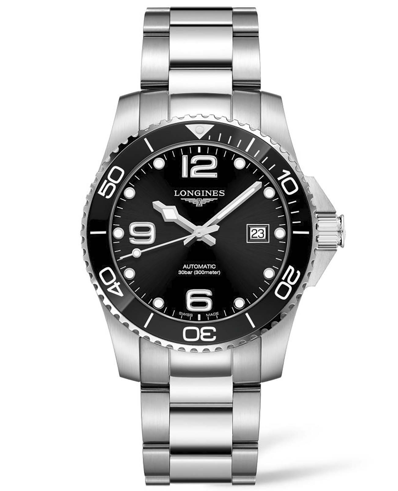 Longines Longines HydroConquest L3.781.4.56.6  L37814566 механические мужские часы черный циферблат, браслет нержавеющая сталь — вид спереди